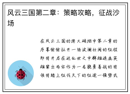 风云三国第二章：策略攻略，征战沙场